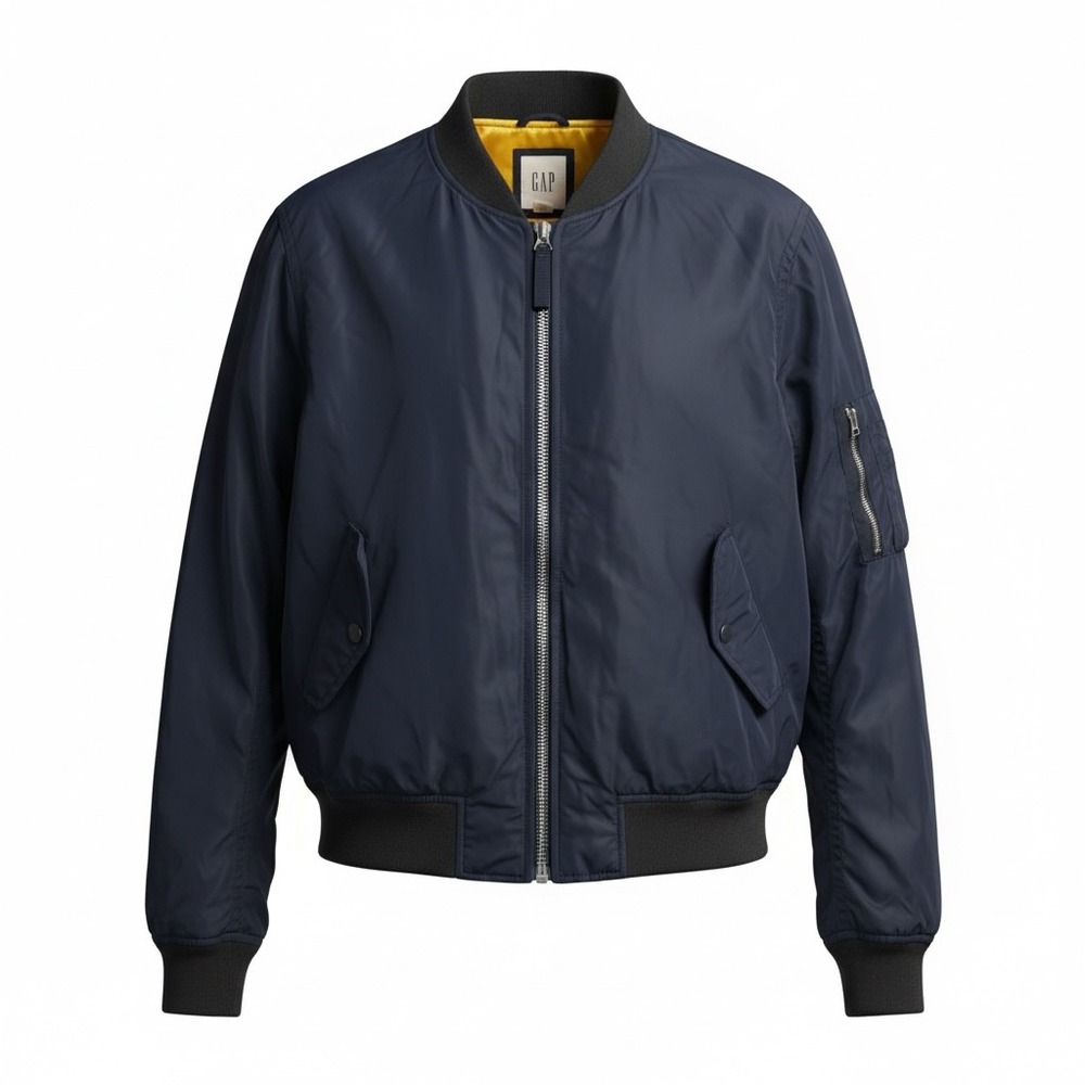 GAP Mens Navy Blue Bomber Jacket Yellow Satin Like Lining Nylon Flight Jacket